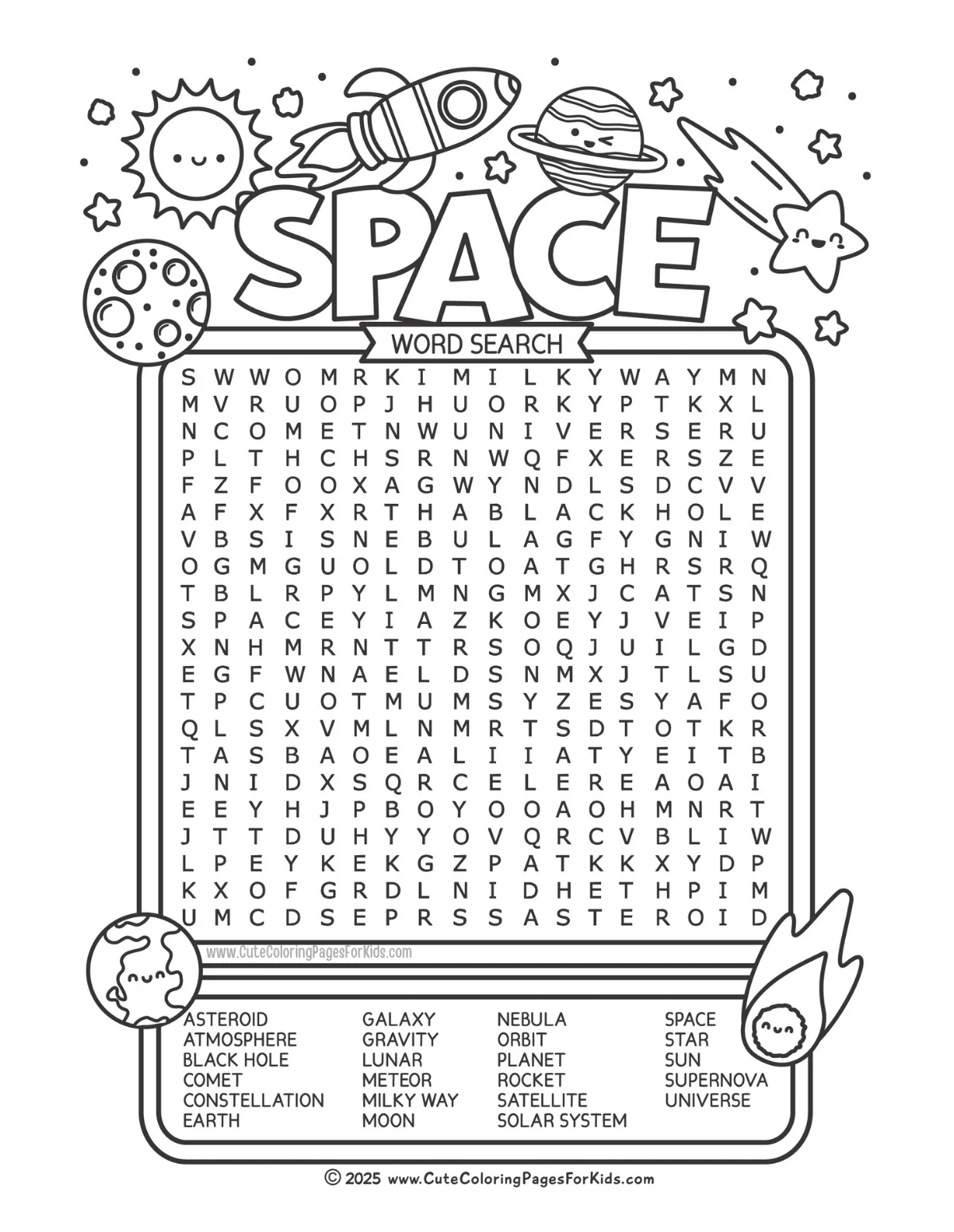 free printable space word search for kids - cute coloring pages